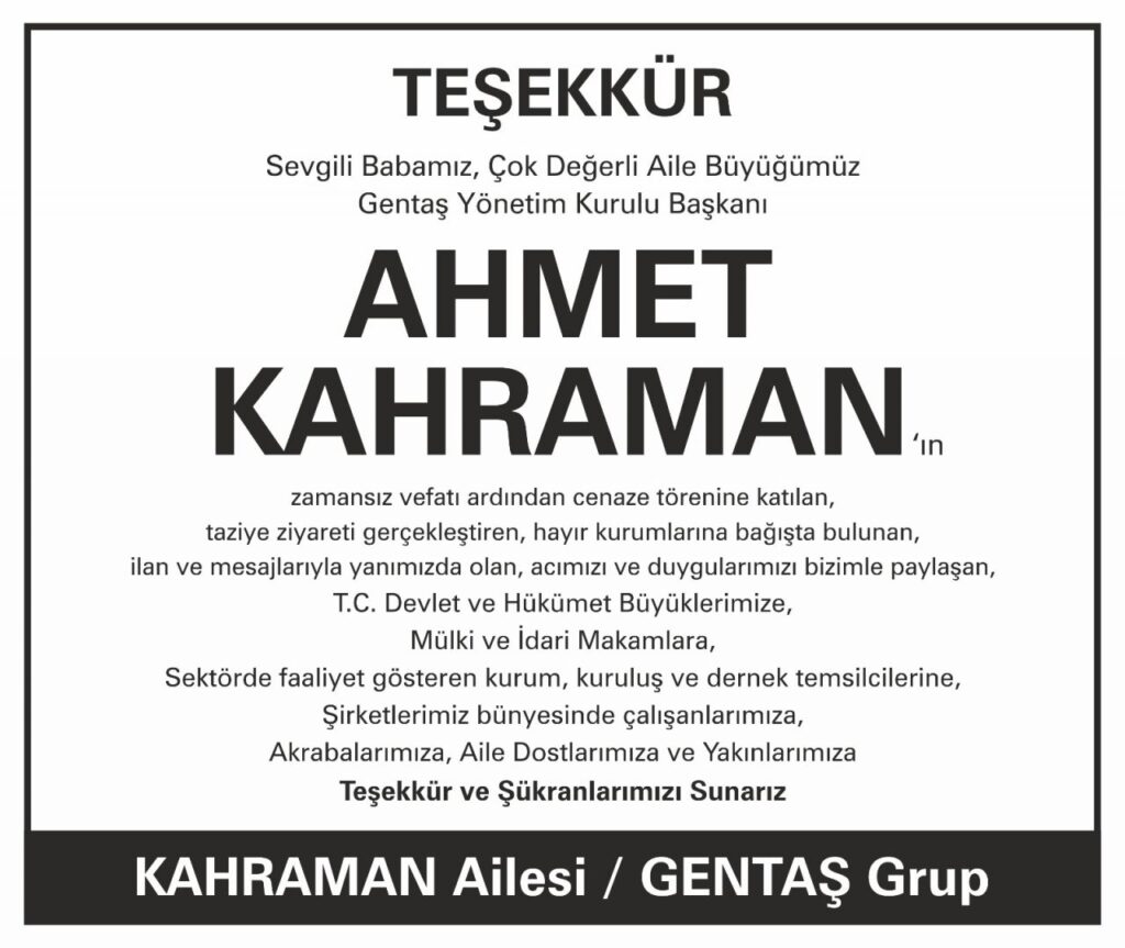 Teşekkür İlanı (Ahmet Kahraman Ailesi)