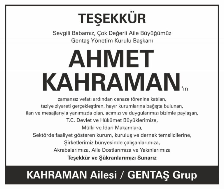Teşekkür İlanı (Ahmet Kahraman Ailesi)