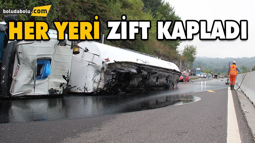 OTOMOBİLE ÇARPAN TANKER DEVRİLDİ YOLU ZİFT KAPLADI