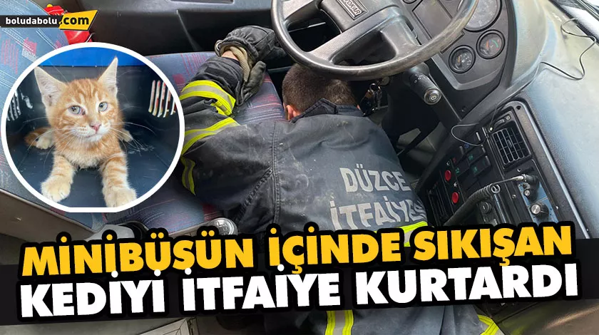 MİNİBÜSÜN İÇİNDE SIKIŞAN KEDİYİ İTFAİYE KURTARDI MİNİBÜSÜN İÇİNDE SIKIŞAN KEDİYİ İTFAİYE KURTARDI