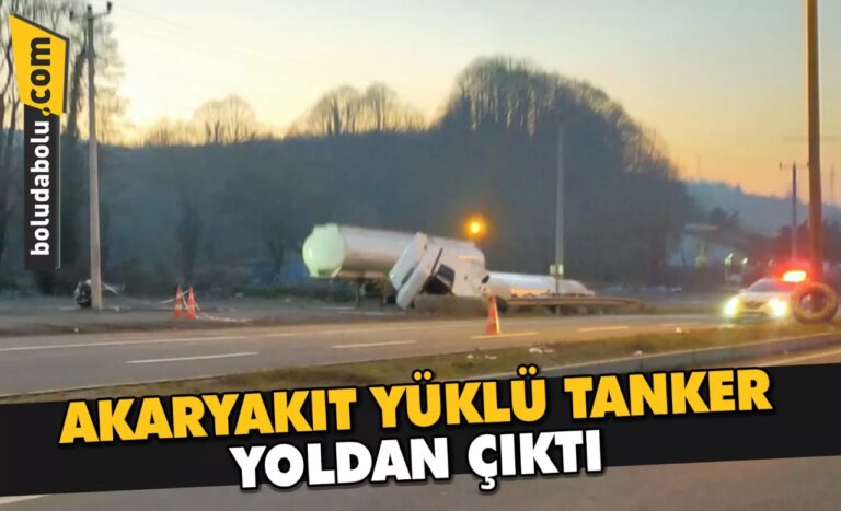 Düzce’de yoldan çıkan akaryakıt yüklü tankeri kaldırmak için çalışma başlatıldı