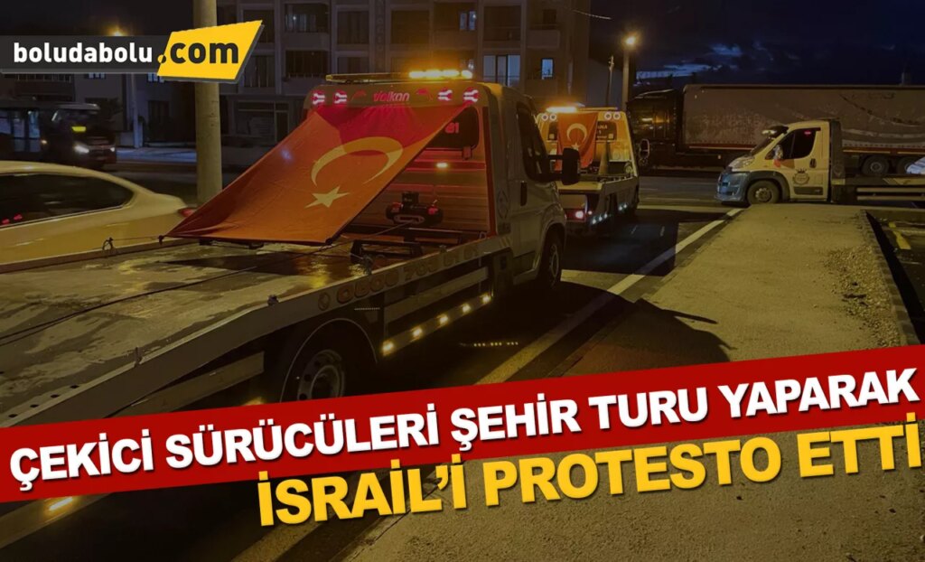 Düzce’de çekici sürücüleri şehir turu yaparak İsrail’i protesto etti Düzce’de çekici sürücüleri şehir turu yaparak İsrail’i protesto etti