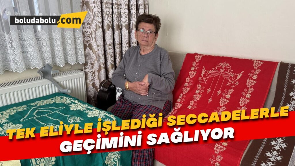 Tek eliyle işlediği seccadelerle geçimini sağlıyor Tek eliyle işlediği seccadelerle geçimini sağlıyor